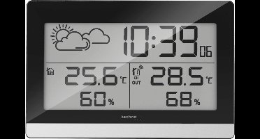 Technoline WS 9255 - Weerstation - Tafelstation - Binnen en buiten temperatuur - Binnen- en buitenvochtigheid - Radiogestuurde tijdsaanduiding - 12/24 - Alarm - Snooze - Achtergrond verlichting - Zwart - Zilverkleurig