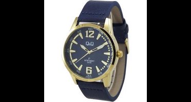 Q&Q heren horloge Q890J802Y met blauw leren horlogeband en goudkleurige horlogekast