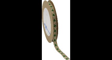 Jute Kerstlint Naturel met Groene Kerstboompjes – 10 mm × 15 m
