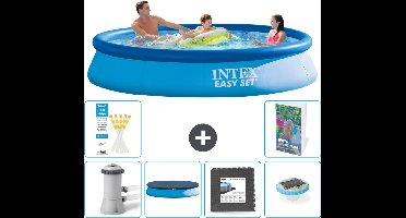 Intex Rond Opblaasbaar Easy Set Zwembad - 366 x 76 cm - Blauw - Inclusief Pomp - Afdekzeil - Vloertegels - Verlichting - 7-delig
