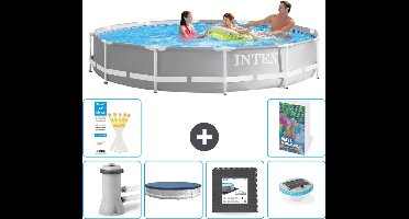 Intex Rond Prism Frame Zwembad - 366 x 76 cm - Grijs - Inclusief Pomp Afdekzeil - Vloertegels - Verlichting - 7-delig