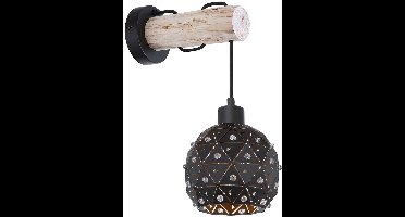 Wandlamp Wandlampen Woonkamerlamp hout met kristallen kap in bolvorm, kap ronde balk, 1x E27, x H x D 15x40x25 cm, woonkamer