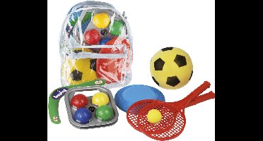 Camping Sportset in Tas - Boemerang, een frisbee, een tennisset (2 rackets ø 21 cm met bal) en een zachte bal