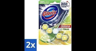 2 x Glorix - Toiletblok - Power 5 - Lemon - Citroenfris & Hygiënisch - 55 g - Toiletblok - Citroengeur - Hygiëne - Reiniging - Anti-kalk