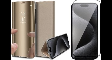 Hoesje geschikt voor iPhone 15 Pro - Screen Protector FullGuard - Book Case Spiegel Goud & Screenprotector