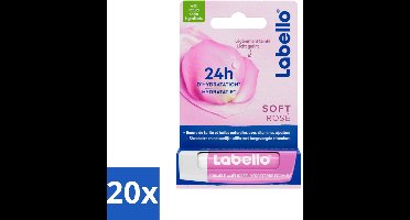 20 x Labello – Lippenbalsem – Soft Rosé – Lippenbalsem – 24H Hydratatie - Lippenbalsem - Hydratatie - Roze Glans - Natuurlijke Lippenbalsem - Rozenextract