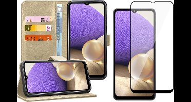 Hoesje geschikt voor Samsung Galaxy A32 5G - Screen Protector FullGuard - Book Case Kunstleer Pasjeshouder Goud & Screenprotector