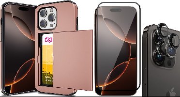 Hoesje met Pasjeshouder geschikt voor iPhone 16 Pro - Screenprotector FullGuard & Camera Lens Screen Protector Zwart - Back Cover SlideCase Roségoud
