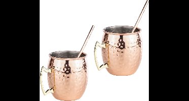 Set van 2x Cocktailbekers/cocktailglazen - koper - 500 ml - met drinkrietjes - Cocktails maken