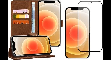 Hoesje geschikt voor iPhone 12 / 12 Pro - Bruin Book Cover Kunstleer Wallet + Screenprotector Glas FullGuard