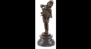 Musicerende jongen - Bronzen beeldje - Harmonica - 24,5 cm hoog