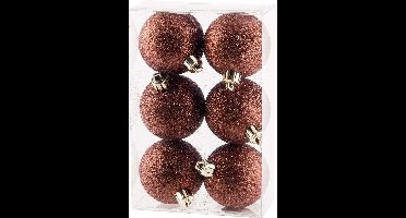 Cosy @ Home Kerstballen - Bruin Glitter - Kunststof - Ø6cm ( Set van 6 )