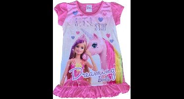 Barbie Nachtjapon Meisjes - Roze Pyjamajurk met Eenhoorn - Korte Mouwen - Maat 134/140
