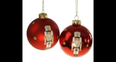 Kerstbal Notenkraker glas - Set van 2 Assorti - Rood - 8 cm