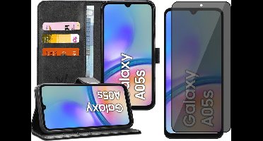 Hoesje geschikt voor Samsung Galaxy A05s - Privacy Screenprotector Volledig Dekkend Glas - Portemonnee Book Case Zwart