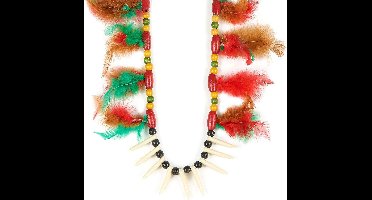 Funny Fashion Indiaan verkleed ketting - rood/groen - tanden en veren - Indianen accessoires