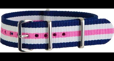 Premium Navy Blue White Pink - Nato strap 20mm - Stripe - Horlogeband Blauw Wit Roze + luxe pouch