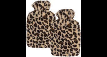 Out of the Blue Warmwaterkruik - 2x - panterprint / luipaardprint - bruin - 2L - pluche - met hoes - kruik