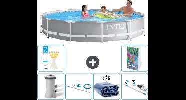 Intex Rond Prism Frame Zwembad - 366 x 76 cm - Grijs - Inclusief Pomp Schoonmaakset - Solarzeil - Stofzuiger - 7-delig