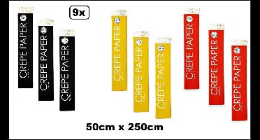 9x Crepe papier 250cm Belgie style zwart/geel/rood - Belgium WK thema feest knutselen festival decoratie party Duitsland