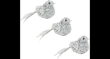 6x stuks decoratie vogels op clip glitter zilver 12 cm - Decoratievogeltjes/kerstboomversiering/bruiloftversiering