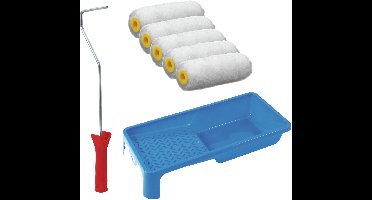 Sorex pluisvrije verfrollers schilderen set - met beugel en verfbak - 5x vacht rollers - breedte 10 cm - dikte 4 cm