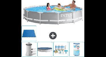 Intex Rond Prism Frame Zwembad - 366 x 76 cm - Grijs - Inclusief Pomp - Afdekzeil - Onderhoudspakket - Filter - Vloertegels - 6-delig