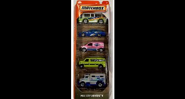MATCHBOX 5 PACK MBX CITY BUS ,CHEVY CAPRICE CLASSIC POLICE, RENAULT KANGO EXPRESS, FORD PANEL VAN, MBX ARMORED TRUCK SECURITY 1:64