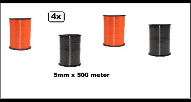 4x Krullint oranje en zwart 5mm x 500m - Halloween krul lint kerst thema feest decoratie kado kado black and white verjaardag