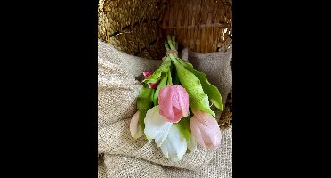 Kunstbloem Tulp - Mix Pink - Real touch tulpen - 31 cm - Boeket - Kunstbloemen - Kunst bloem - Sally - Pink / Salmon / White - NL - Interieur - Sfeer - Voorjaar - Pasen - Paasdecoratie - Bloemen - Moederdag - Oma - Decoratief - Deco - Decoratie