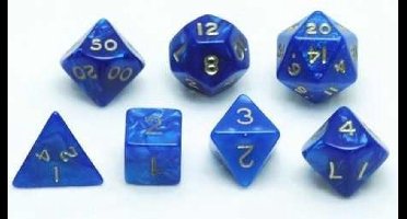 HOT Games dobbelstenen set blauw marmer parelmoer 7 stuks kunststof.
