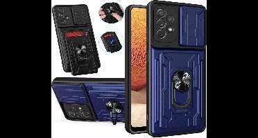 Hoesje Geschikt Voor Samsung Galaxy A22 5G hoesje met kickstand Blauw - Hoesje Geschikt Voor Samsung Galaxy A22 5G camera lens screen protector - hoesje Hoesje Geschikt Voor Samsung Galaxy A22 met pasjeshouder ring case