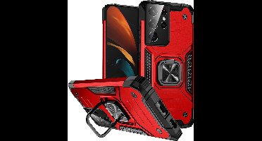Hoesje Geschikt Voor Samsung Galaxy S21 Ultra Hoesje - Heavy Duty Armor hoesje Rood - Galaxy S21 Ultra silicone TPU hybride hoesje Kickstand ringhouder met Magnetisch Auto Mount
