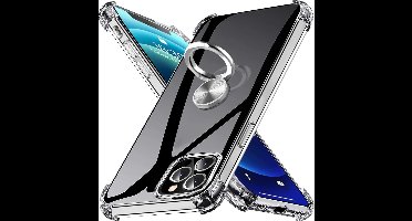Hoesje Geschikt voor iPhone 12 Pro Max hoesje - Backcover met Ringhouder - Verstevigde hoeken - Transparant/Zwart