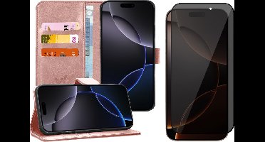 Hoesje geschikt voor iPhone 16 Plus - Privacy Screenprotector Volledig Dekkend Glas - Portemonnee Book Case Rosegoud