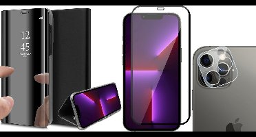 Hoesje geschikt voor iPhone 13 Pro Max - Spiegel Book Case - Zwart - Met Full Screenprotector en Camera Screen Protector