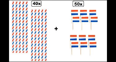 40x Papieren rietjes landen Nederland 20cm + 50x Cocktail vlag prikkers Nederland - Koningsdag WK Holland festival themafeest party