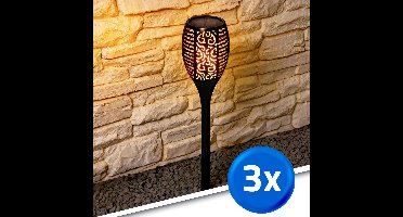 Solar buitenlamp 'Fakkel' - Set van 3 stuks - 3-in-1: wandlamp, tafellamp en priklamp - Met schemersensor - IP65 - 100 lumen - Warm wit licht (1900K) - Bewegend vlameffect - Zwart - Tuinverlichting op zonne-energie
