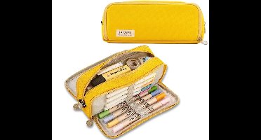 *** Groot pennenetui met 3 vakken - voor meisjes en jongens - ideaal voor school, kantoor en make-up - inclusief visitekaartjeshouder - perfect cadeau in vrolijk geel - van Heble® ***