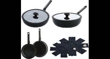 BK Enjoy Pannenset 4-delig - Koekenpannen 24/28cm - Hapjespan met deksel 28cm - Wokpan met deksel 28cm - PFAS-vrije antikleeflaag - Pannenset inductie - Keramische Pannenset - Ovenbestendig tot 160°C - Koudgrepen - Met Panbeschermer - Zwart