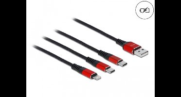 Delock USB Charging Cable 3 in 1 Type-A to Lightning™ / 2 x USB Type-C™ 1 m black / red
