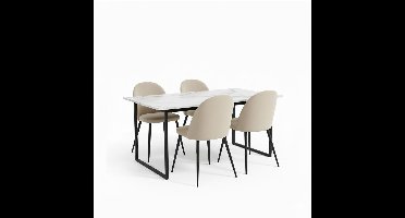 Tilst eethoek eettafel wit marmerprint 90x160 4 stoelen velours beige.