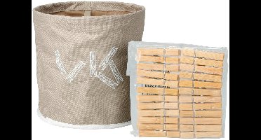 Ultra Clean Wasknijpers ophang mandje inclusief 24x knijpers - D18 cm - beige - kunststof - met ophanghaak