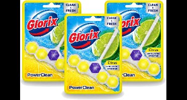3 x Glorix - Toiletblok - Power Clean Citroen - Fris & Citroen - 1 blok - Voordeelverpakking - 3 stuks