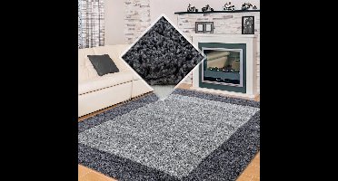Hoogpolig vloerkleed met sierrand, grijze kleur, geschikt voor de woonkamer, met een jute achterkant, afmetingen: 300 cm x 400 cm