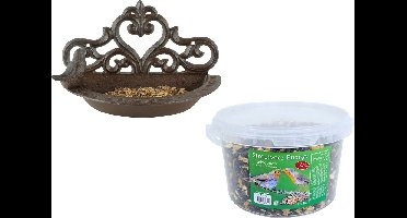 Wand vogel voederbak/drinkbak gietijzer 24 cm inclusief 4-seizoenen energy vogelvoer - Vogel voederstation - Vogelvoederhuisje