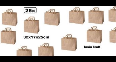 25x Tas papieren draagtas bruin kraftpapier 32cmx17cmx25cm - tas papier kraft bruin festival thema feest