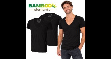 Bamboo Elements - T Shirt Heren - Diepe V Hals - Zwart - L - 2 Pack - Slim Fit - Bamboe Ondershirt