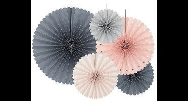 PARTYDECO - 5 grijze en roze papieren rozetten voor vintage decoratie