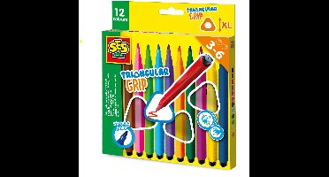 SES Creative Driehoek Grip Stiften met Ergonomische Grip - 12 Kleuren - Vanaf 3 Jaar - Tekenen - Goed Uitwasbaar - Schoencadeautjes Sinterklaas